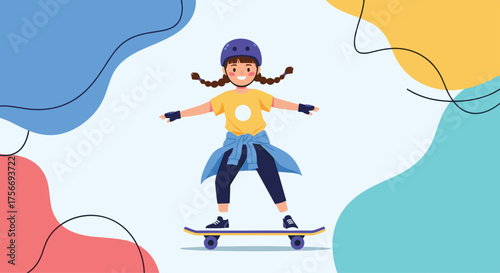 A young girl in protective gear enjoys a skateboarding adventure in a vibrant outdoor setting.