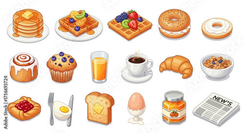 Breakfast food assortment vector style various pastries and dishes morning meal