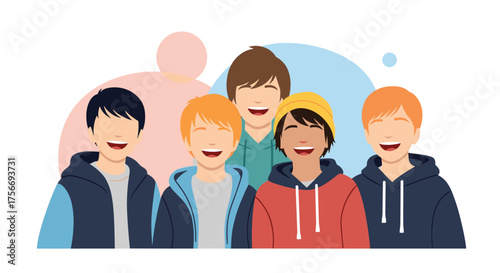 A diverse group of young boys with smiling faces pose together in a lighthearted illustration.