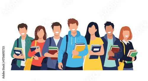 A diverse group of smiling young students holding books and backpacks for education.