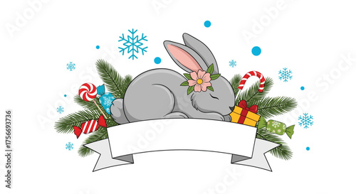 A cute gray bunny adorned with a floral wreath rests among festive winter decorations including fir branches candy canes and a gift box.