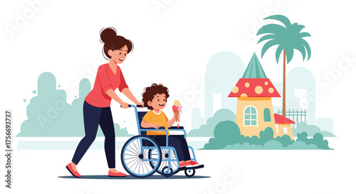 A caring mother pushes her child in a wheelchair enjoying a tasty ice cream cone on a sunny day.