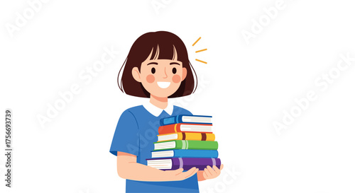 A young girl happily holds a stack of colorful books and is ready to learn.
