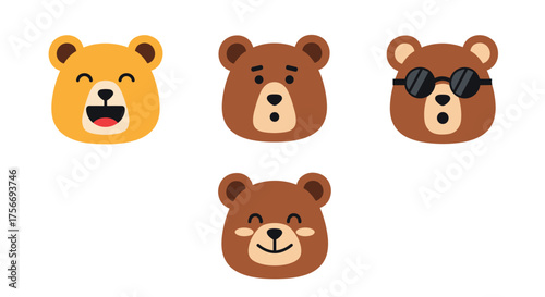 Cute cartoon bear faces with different expressions happy surprised cool and content.