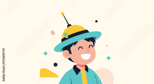 A happy boy wearing a blue shirt and yellow hat with a small antenna on top.