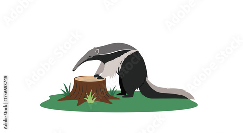 An anteater with a long snout inspects a tree stump on a patch of grass.