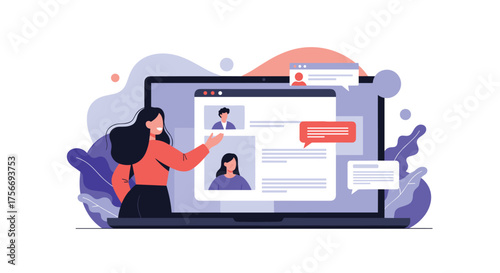 Illustrating a woman presenting her online profile and communication on a laptop screen.