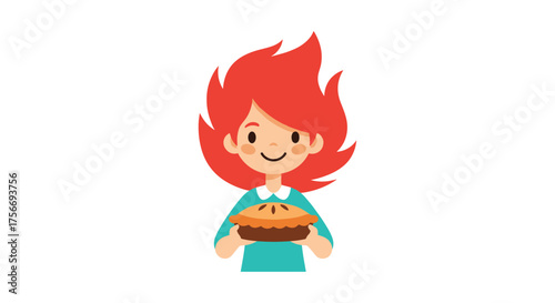 A cute little girl with red hair holding a freshly baked pie.
