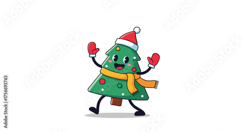 A cheerful cartoon Christmas tree wearing a hat and scarf dancing merrily.