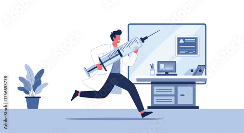 A medical professional runs through an office with a very large syringe.