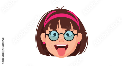A close up of a cartoon girl's face sticking her tongue out and wearing glasses.