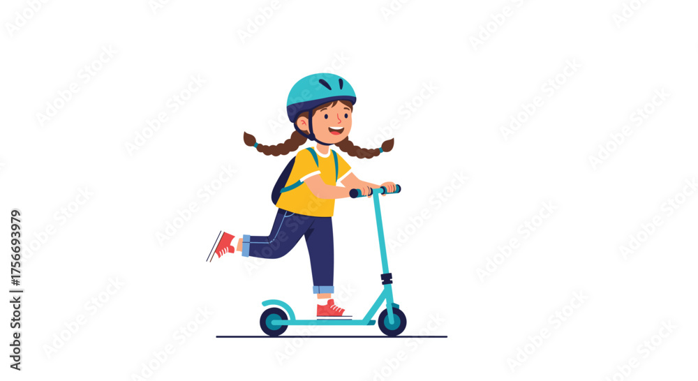 Obraz premium A young girl wearing a helmet and backpack rides a blue scooter.