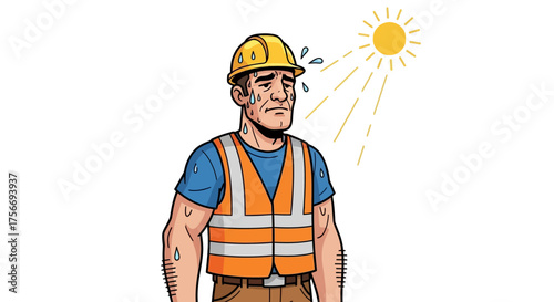Construction worker sweating profusely in bright sunlight wearing safety gear hot weather conditions heat exhaustion concept