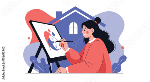 A young artist is drawing a colorful picture on a canvas with a stylus.