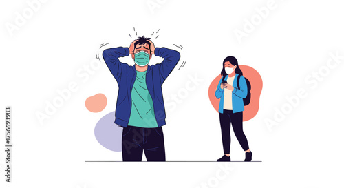 Man with hands on head wearing mask distressed about virus with person on phone nearby.