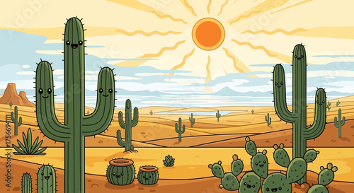 Cactus plants in desert landscape sunny day with pixel art style warm feeling
