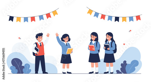 Children wearing uniforms and carrying books are greeting and gathering under festive decorations