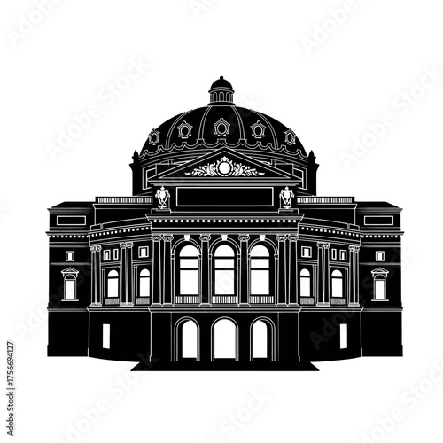 Opera house silhouette Detailed architectural rendering Classical facade Black and white elegance