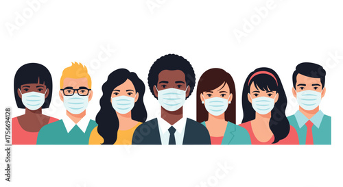 A diverse group of people wear protective face masks to prevent illness transmission.