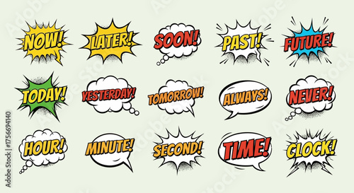 Comic speech bubbles with time related words vector pop art style