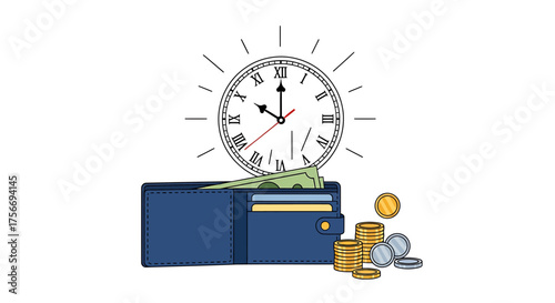 Wallet, Coins, Currency, Clock, Whisk_2d8b86a398e3dba8add4b05ab2a591b0dr.eps Illustration, Business, White Background, Concept
