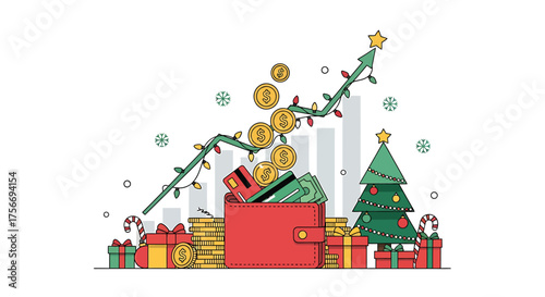Holiday Spending Growth, Wallet, Gifts, and Christmas Tree, Financial Infographic, Festive Environment, Upward Viewpoint, Whisk_2d931db82df32b9977a46cde85a5d210dr.eps Concept