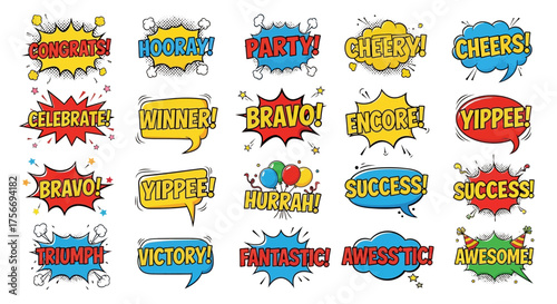 Comic Speech Bubbles Hand Drawn Style Colorful Expressions Celebration Theme Positive Vibes
