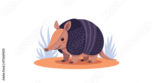 A cute armadillo with armored shell and pointed snout walks in dry grass and on sandy ground.