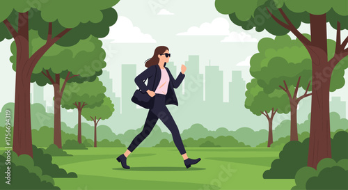 A businesswoman walks briskly through a park with city buildings in the background.