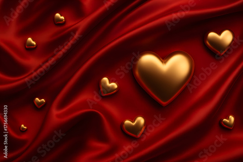 Luxury Valentine background, golden hearts and red silk fabric folds.