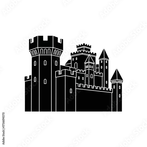 Medieval castle silhouette black and white fortress ancient architecture fairytale kingdom