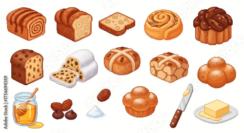 Variety of breads isometric style assorted pastries sweet treats baked goods delicious breakfast