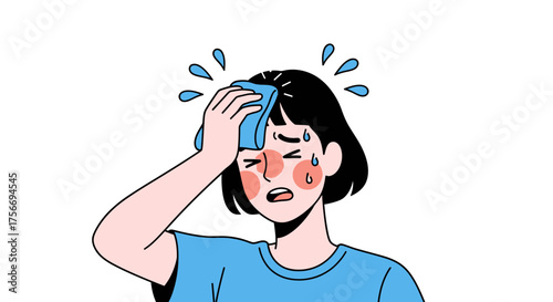 Sweating woman wiping forehead with cloth feeling hot and uncomfortable summer heat