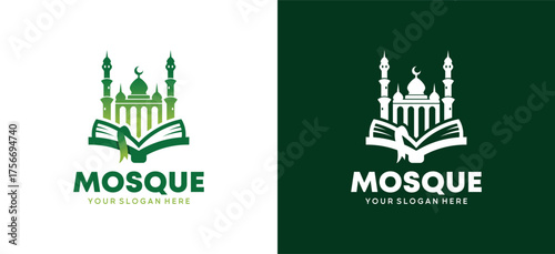 Islamic mosque logo design with a book or holy book of the Quran