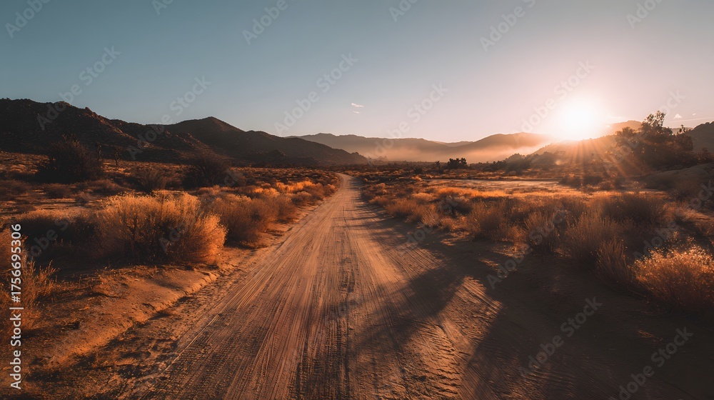 Fototapeta premium Dusty dirt road leads through dry brush towards a hazy sunset.