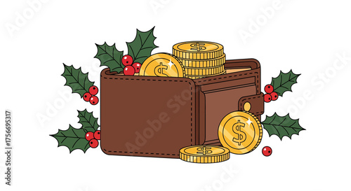 Holiday Wallet Illustration, Coins, Holly Leaves, Financial Festivity, Isolated, Side View, Whisk_166944538f12e2b91854bc333f62d82edr.eps Concept