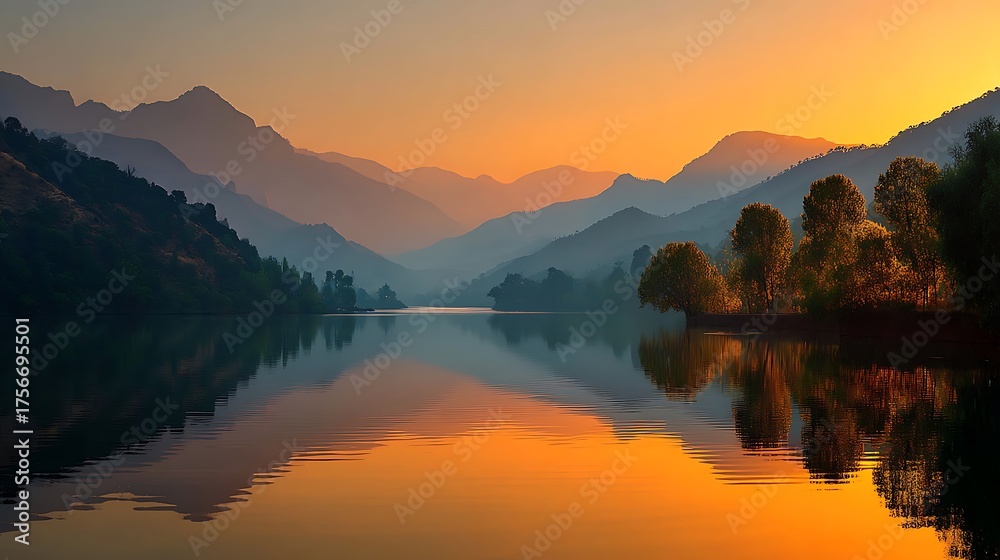 Fototapeta premium Peaceful lake at golden sunset with glowing reflection on calm water, minimal mountain silhouettes and wide clear sky above perfect for poetic or inspirational text placement