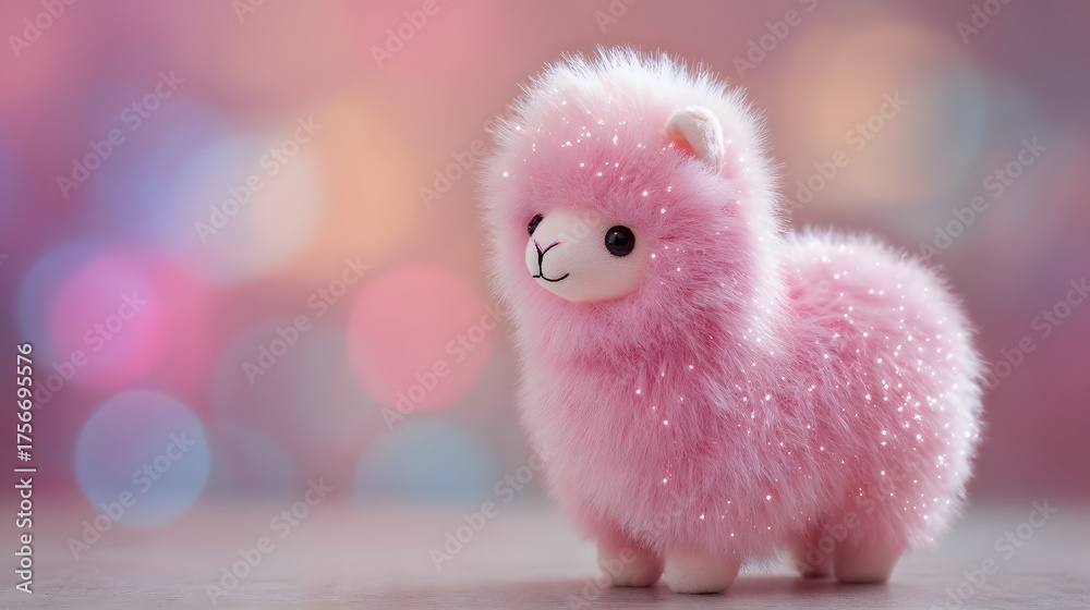 Fototapeta premium Adorable pink fluffy llama toy sparkles with soft bokeh background.