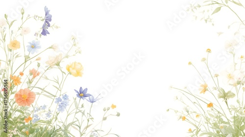 Fototapeta Naklejka Na Ścianę i Meble -  Delicate wildflowers bloom in a soft, airy watercolor composition.