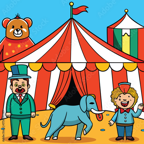 Circus scene with lion tamer bear elephant and tents fun entertainment atmosphere