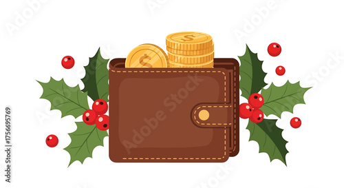 Festive Wallet with Coins, Holly, and Berries, Financial Holiday Concept, Isolated, Whisk_cebd1e324fea857b9a9448d272a7624cdr.eps Inspired
