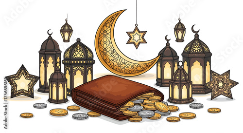 Ramadan Charity Coins, Lanterns, and Crescent Moon, Islamic Giving Scene, Indoor Illustration, Whisk_fb0c8688987e8d69e7947605e225ebd4dr.eps Concept