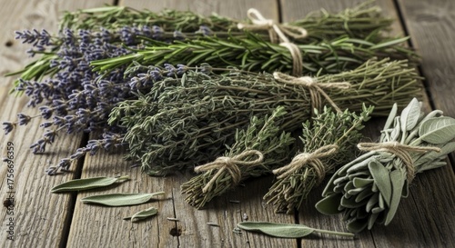 Fresh Aromatic Culinary and Medicinal Herbs: Bundles of Lavender, Rosemary, Thyme, and Sage on Rustic Wooden Table