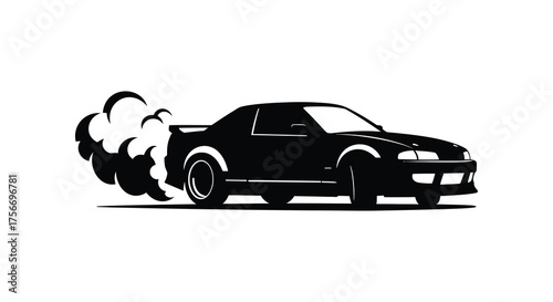 Aggressive sports car silhouette with smoke billowing from exhaust pipes during a powerful acceleration silhouette