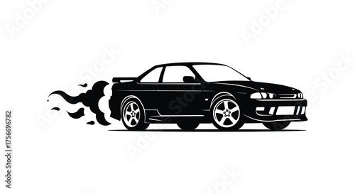 Dynamic black silhouette of a sports car performing a drift with smoke trailing behind it