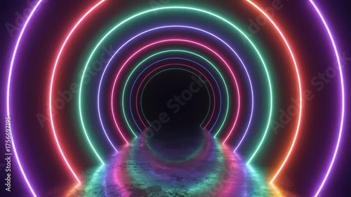Futuristic Neon Circle Tunnel with Vibrant Glow Reflection abstract rainbow background 4k video