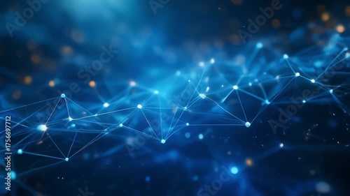 Digital Network Connections with Glowing Nodes and Data Flow on Blue Background  4k video