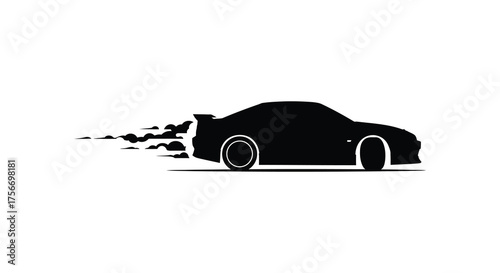Dynamic black silhouette of a sports car with speed lines and tire smoke indicating motion and performance silhouette