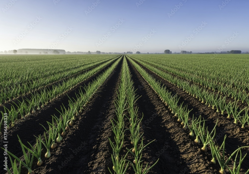 Fototapeta premium Expansive Onion Field with Thriving Green Plants in Long Rows Under a Clear Morning Sky