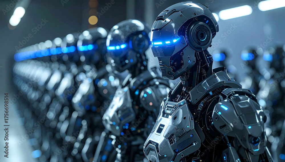 Fototapeta premium Futuristic army of humanoid robots standing in formation with blue LED lights, concept of artificial intelligence and technology.